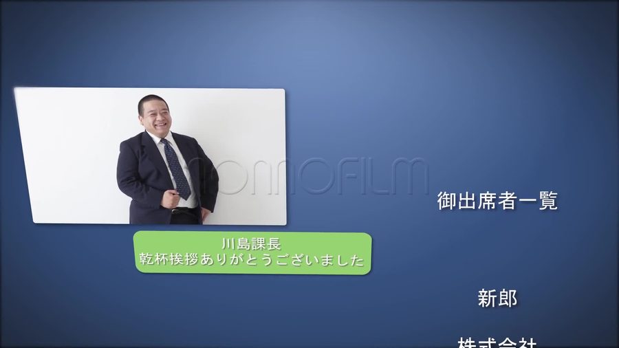 写真の下にLINE風の緑色のチャット吹き出しでコメントを表示し右側に出席者の名前を一覧でクレジット表示する本編シーン