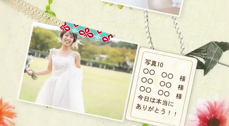 同じ構成で別の写真とその写真に対応する出席者の名前・感謝のメッセージを表示する本編の別の場面。チェーンの装飾も添えられている