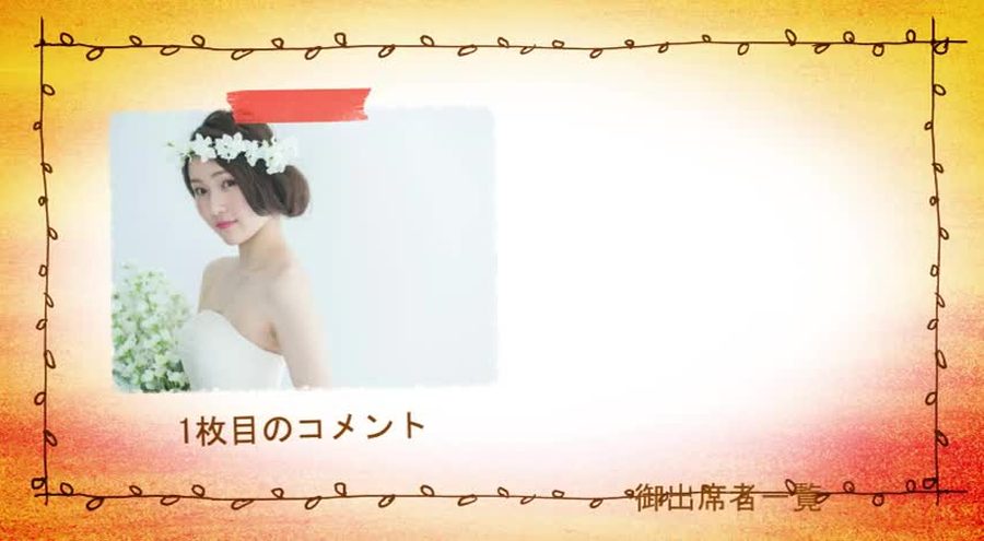 赤い手描きの筆の線を添えた白枠の写真にコメントを表示し右側に出席者の名前を一覧でクレジット表示する本編シーン