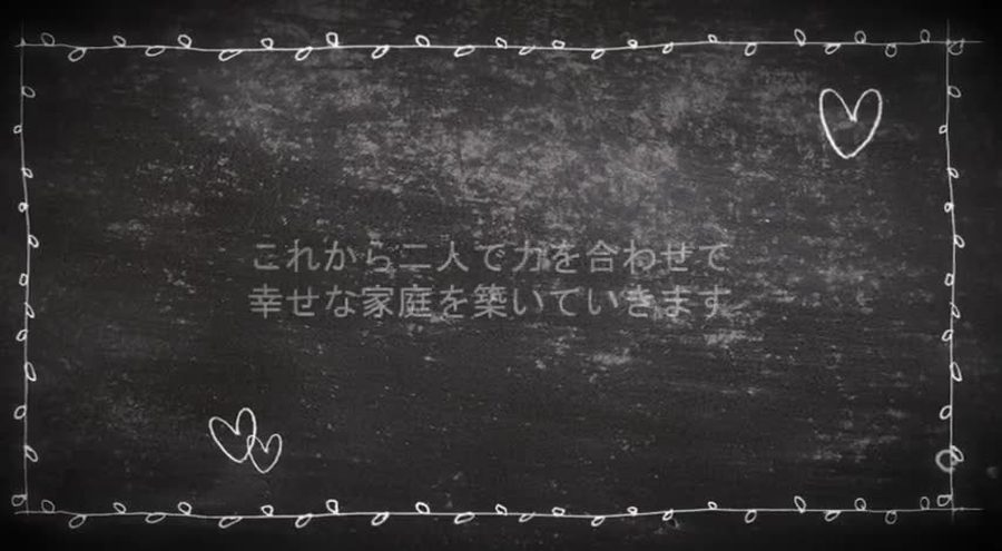 黒板を背景にチョークで描いたハートの落書きと蔓模様の枠を施し新郎新婦からの誓いの言葉を表示するオープニングシーン