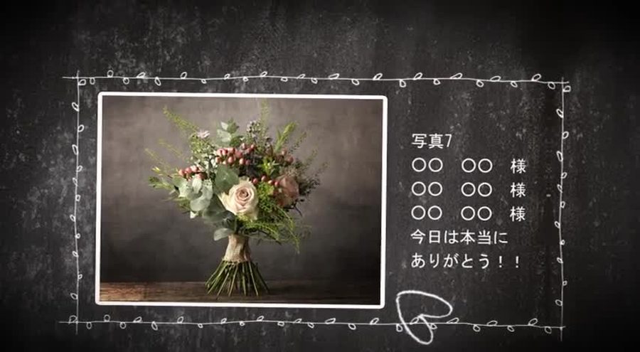 同じ黒板の構成で別の写真とその写真に対応する出席者の名前・感謝のメッセージを表示する本編の別の場面