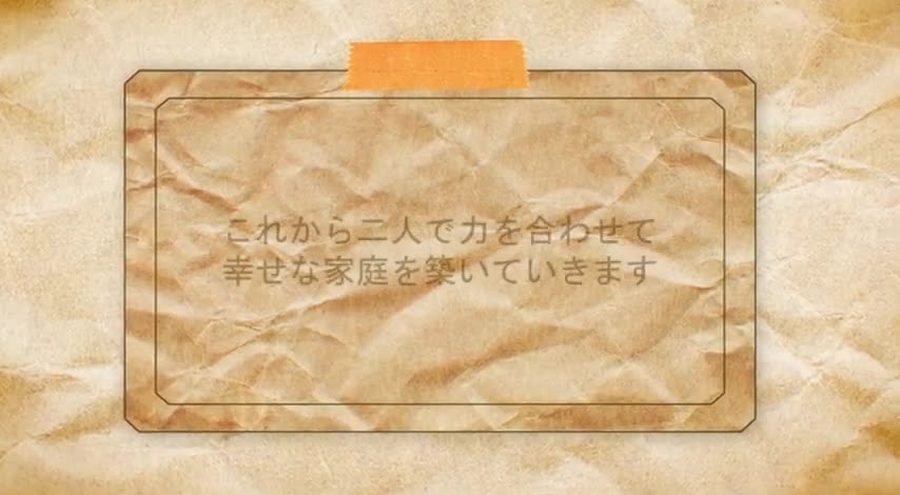 古紙の質感の背景にオレンジ色のマスキングテープで貼った紙の枠を施し新郎新婦からの誓いの言葉を表示するオープニングシーン