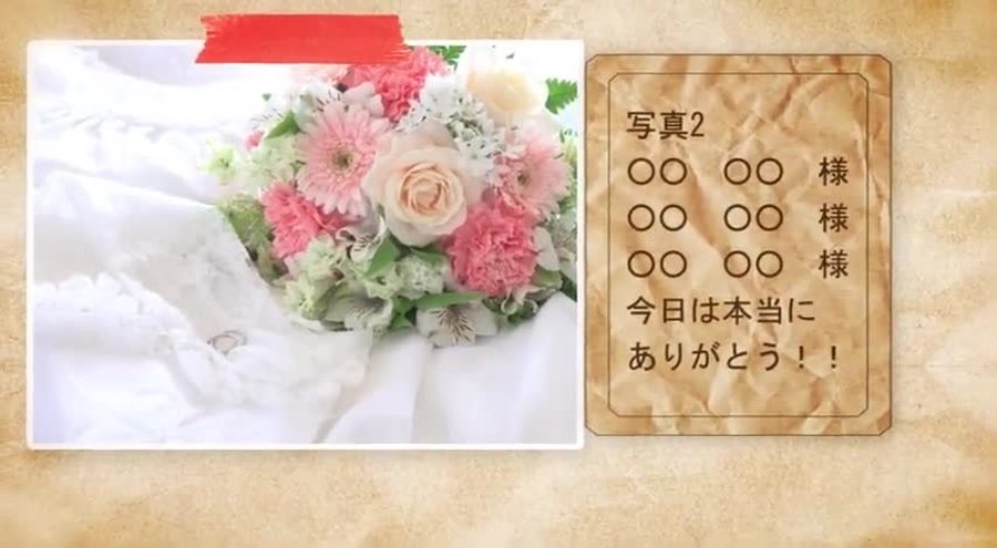 古紙の質感の背景に赤い手描きの筆の線を添えた写真と、その写真に対応する出席者の名前・感謝のメッセージを記したカードを並べる本編シーン