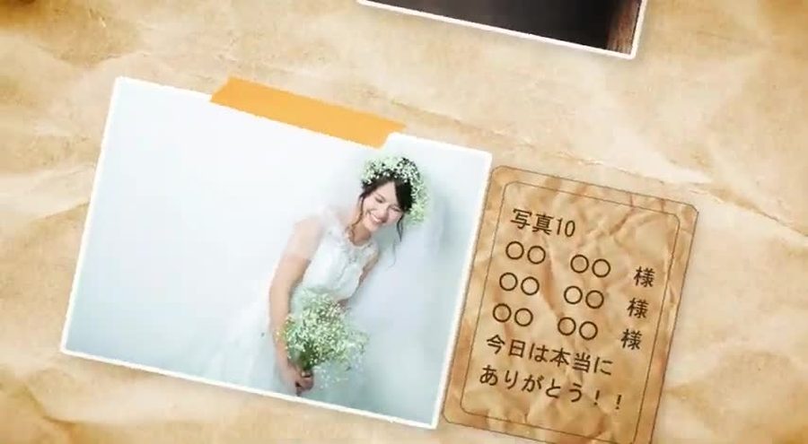 同じ古紙の構成で別の写真とその写真に対応する出席者の名前・感謝のメッセージを表示する本編の別の場面。写真とカードが斜めに配置されている