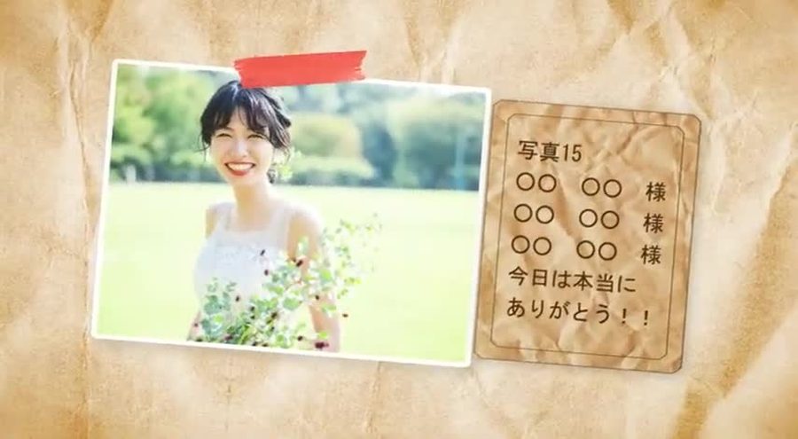同じ古紙の構成で別の写真とその写真に対応する出席者の名前・感謝のメッセージを表示する本編の別の場面