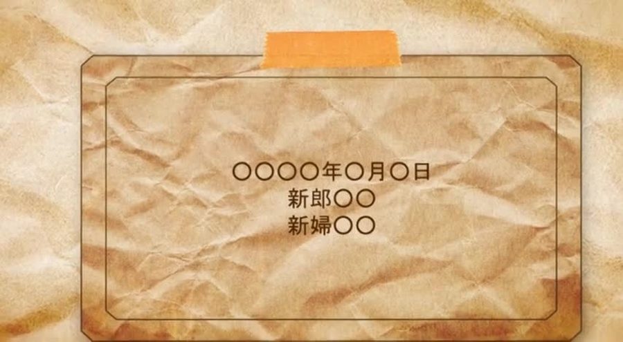 古紙の質感の背景にマスキングテープで貼った紙の枠を施し結婚式の日付と新郎新婦の名前を表示して締めくくるエンディングシーン
