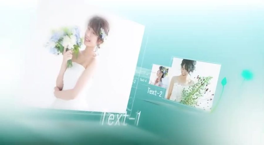 ミントグリーンのグラデーション背景に白枠の写真を複数枚少し傾けて立体的に重ねて配置するオープニングシーン