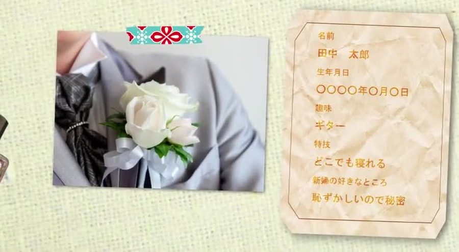 名前・生年月日・趣味・特技・新婦の好きなところといった項目を並べた古びた紙のようなプロフィールカードと写真を組み合わせる新郎パートの本編シーン