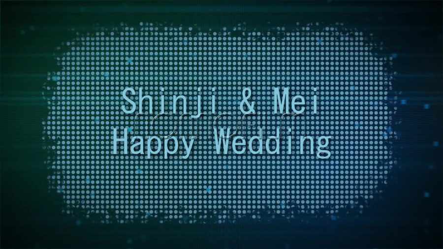 深緑色のデジタルなドットの集合体の中に新郎新婦の名前とHappy Weddingの文字を表示するオープニングシーン