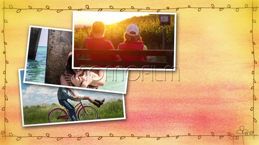 黄色からオレンジ色へにじむ水彩調の背景に白枠の写真を複数枚少し傾けて重ねて配置する本編シーン