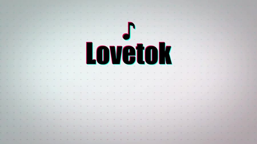 TikTokのロゴを思わせる赤と青の色ずれしたグリッチ効果の文字でLovetokと音符のアイコンを表示するオープニングシーン