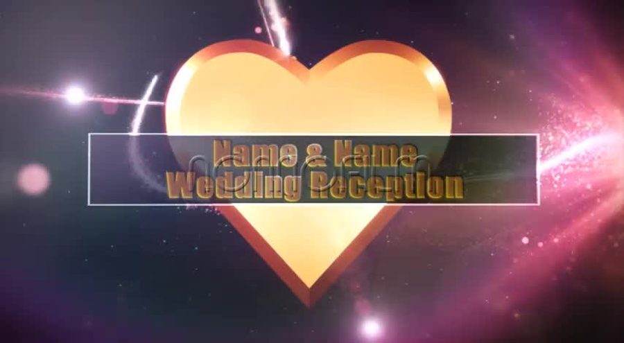 ピンクと金色の光が滲むライトリークスの背景に金色のハートのロゴとName & Name Wedding Receptionの文字を表示するオープニングシーン