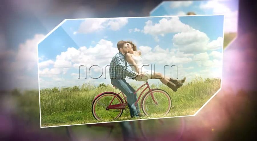 角を斜めにカットした多角形の枠で写真を縁取りピンクや金色の光のにじみを添えて見せる本編シーン