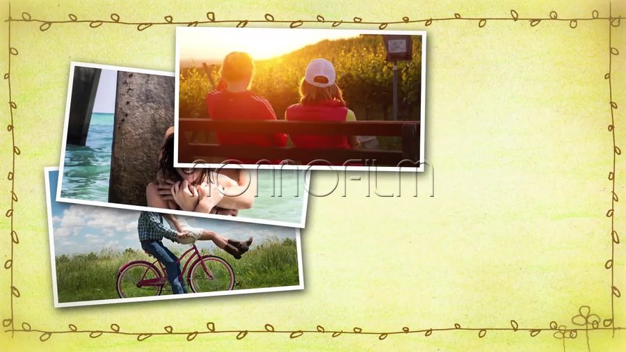 パステル調の紙の質感の背景に白枠の写真を複数枚少し傾けて重ねて配置する本編シーン