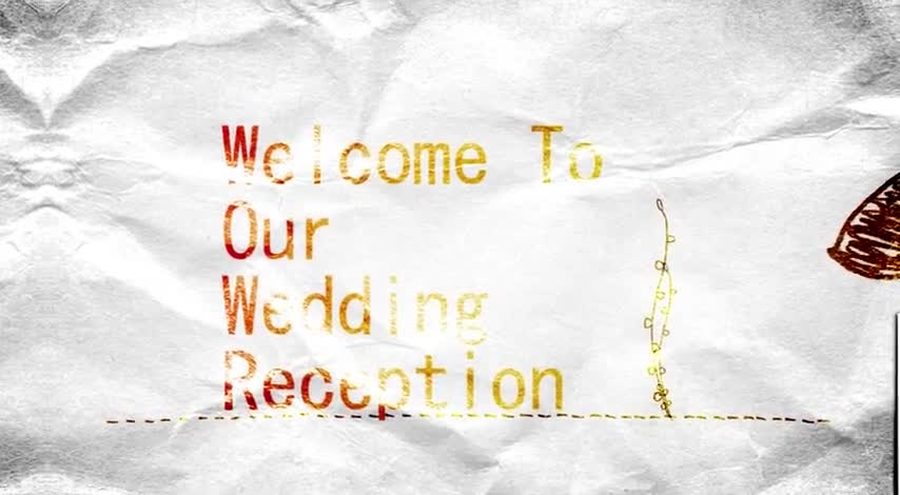 くしゃくしゃの紙のような質感の背景にカラフルな手書き風フォントでWelcome To Our Wedding Receptionという文字を表示するオープニングシーン