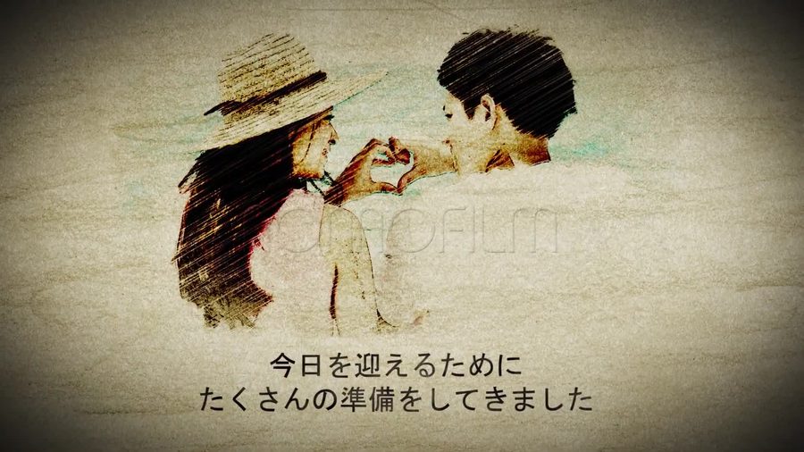 二人で写る写真を色鉛筆イラストタッチに自動変換しコメントを添える本編の別の場面
