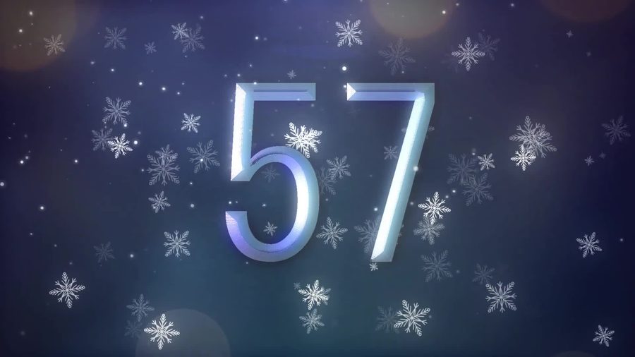 同じ雪が舞う背景に氷のように発光する立体的な数字で新郎新婦の入場までの残り秒数を表示するカウントダウン演出の場面転換のシーン