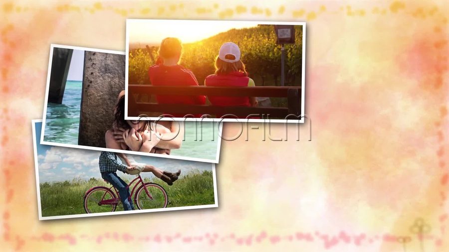 淡いオレンジとピンクが滲む水彩調の背景に白枠の写真を複数枚少し傾けて重ねて配置する本編シーン