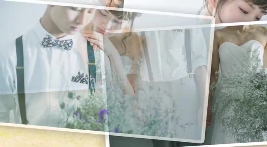 複数の写真が半透明で重なり合いながら次の写真へ移り変わる場面転換の演出