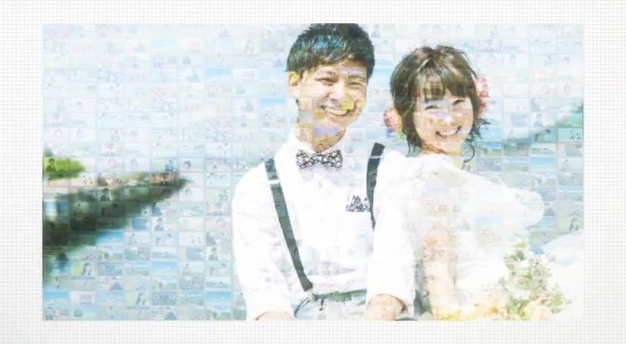新郎新婦の記念写真に本編で使われた写真の数々が小さなタイル状に重なり合い、モザイクアートとして浮かび上がるクライマックスシーン