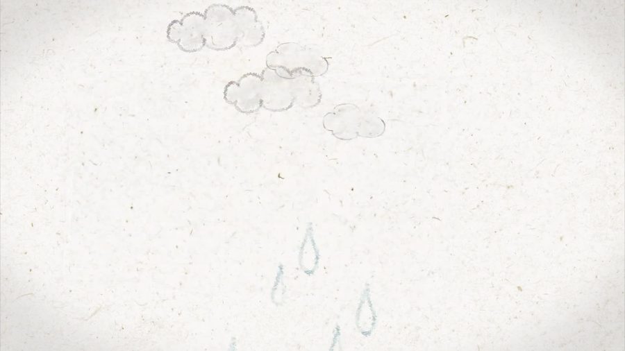 雲と雨粒だけを描いたイラストが和紙の質感の背景に浮かび上がる雨をテーマにしたシーン