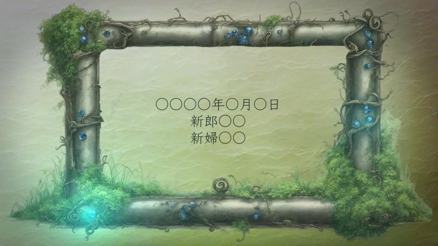 写真を使わず苔と宝石の装飾フレームの中に日付と新郎新婦の名前を入れるテキスト欄だけを表示するエンディングシーン