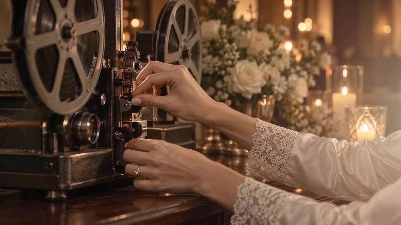 ヴィンテージの映写機にフィルムをセットしている手元を映したオープニングカット