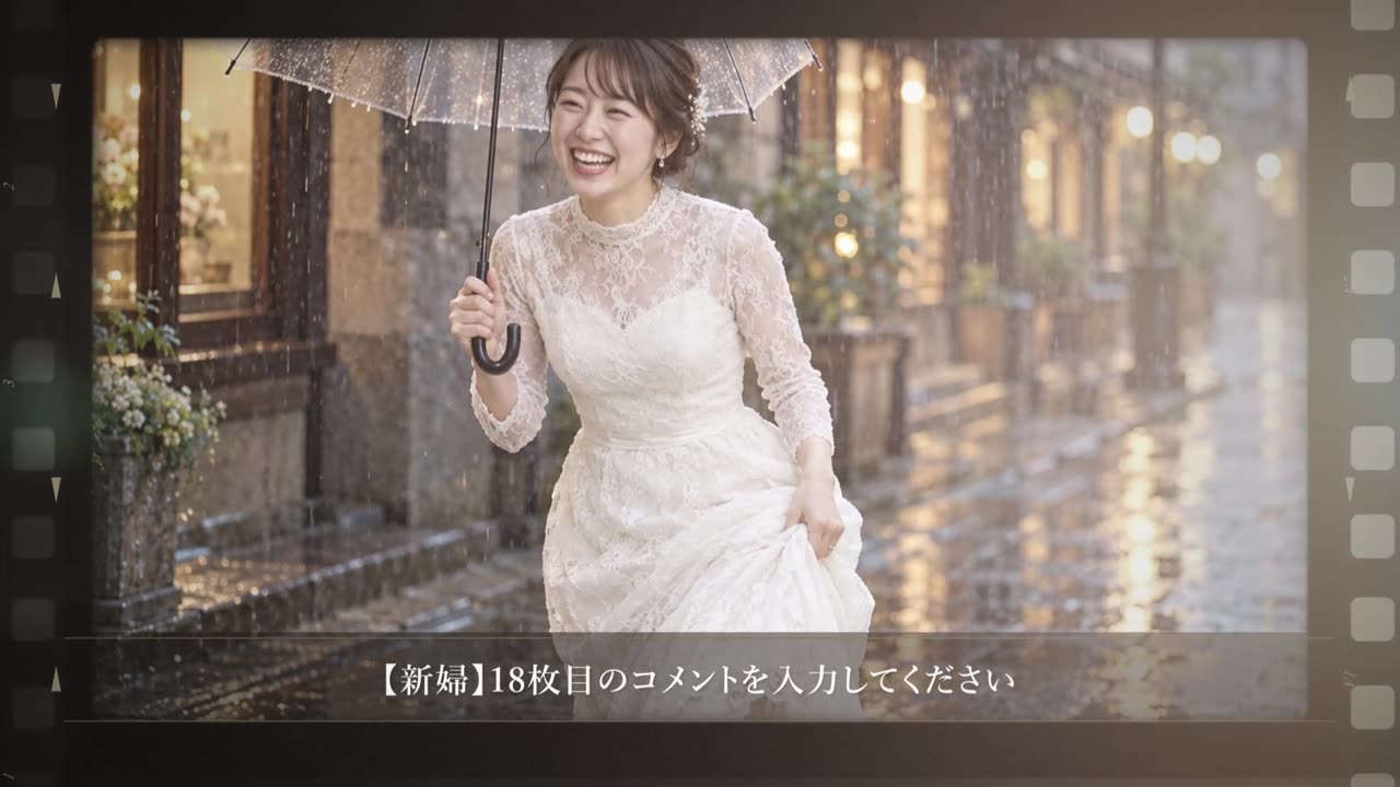 新婦パートでも同じフィルムフレームとコメント帯のデザインが続くシーン