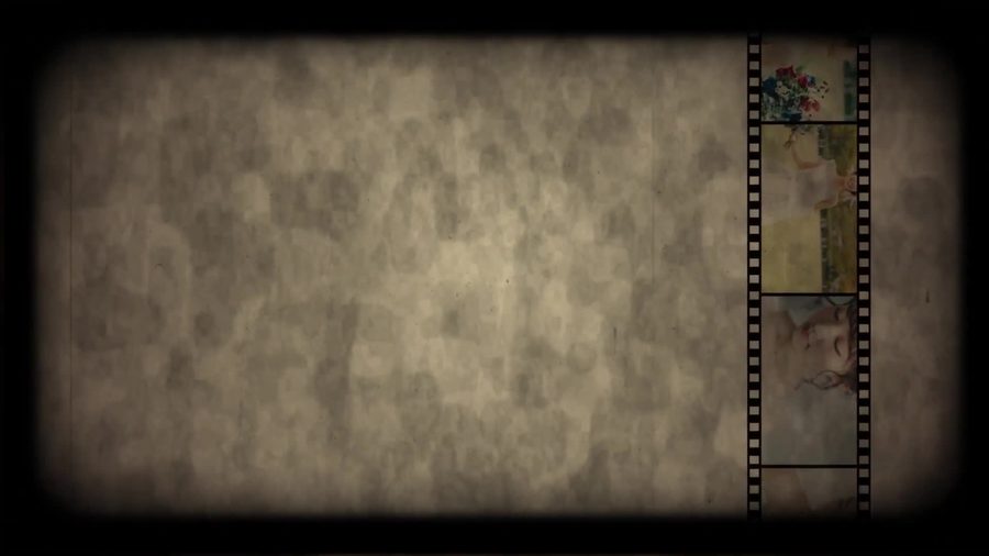 羊皮紙風の背景と、小さな写真サムネイルが縦に並ぶフィルムストリップだけが表示される場面転換のシーン