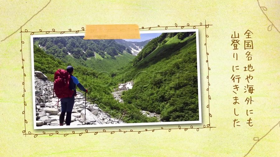 写真を白い余白付きカードにのせ、マスキングテープ風のパーツで紙に留め、周囲を手描きの蔓模様で囲む基本レイアウト