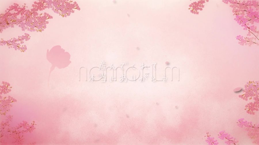 写真を使わず桜の水彩風背景に横書きの文字だけを中央に表示するシンプルな場面転換のシーン
