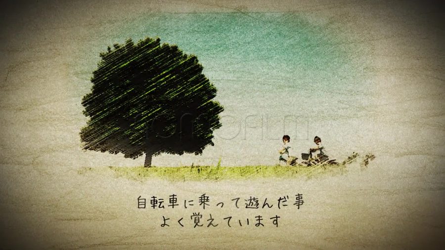 写真を鉛筆描き風のスケッチ画に変換しクロスハッチングの線で陰影をつけた状態で木目調の紙の背景に乗せ下に手書き風フォントのキャプションを添える基本構成