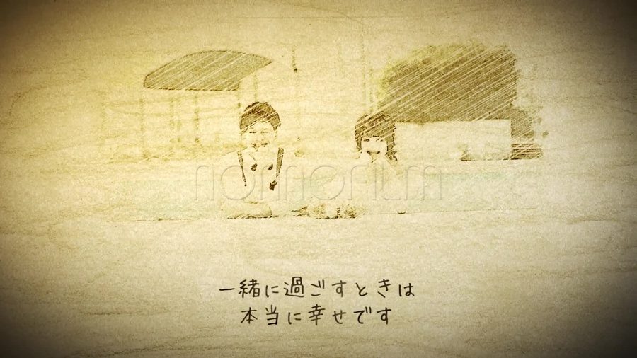 色を抑えたセピア単色のスケッチ画になっている場面で同じテンプレート内でもシーンによって色味の濃淡に幅がある