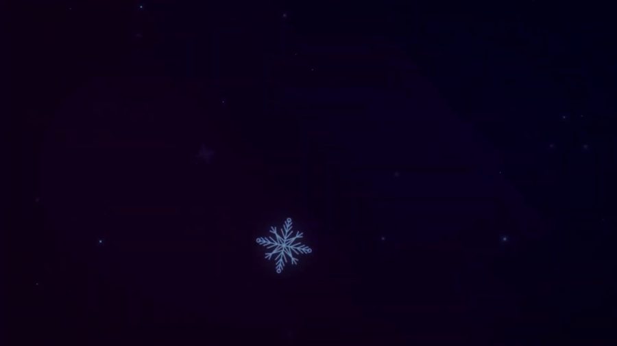 雪の結晶のイラストが1つだけ紺色の星空のような背景にやさしく光って浮かぶタイトル導入のシンプルな場面