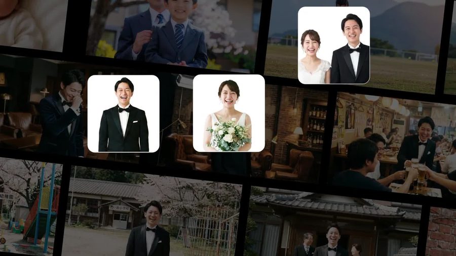 Netflixのトップ画面風に複数の写真サムネイルが斜め格子状に並ぶオープニングシーン