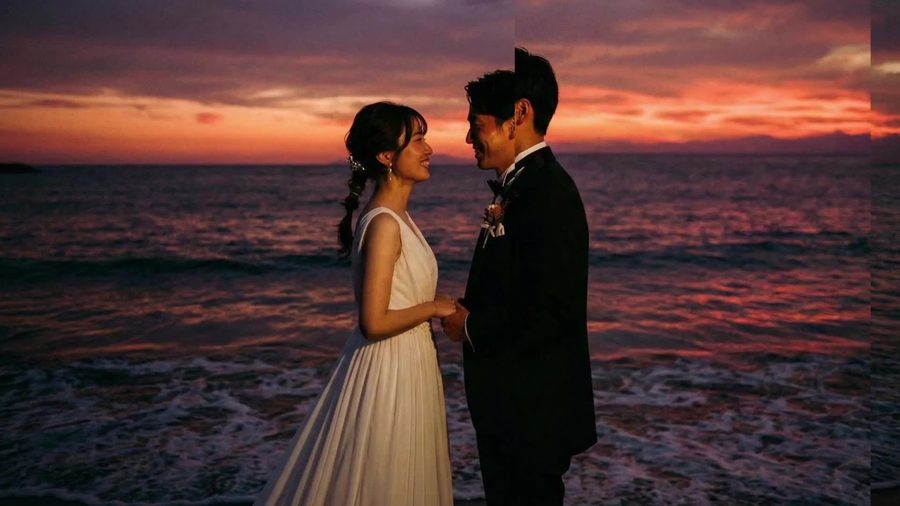 夕焼けの海辺で新郎新婦が向き合うシルエットに近いラストカット