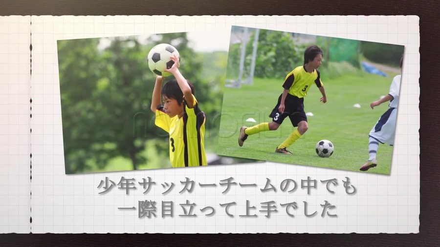 同じ方眼ノートの構成で趣味であるスポーツの写真を複数並べて紹介する本編の別の場面